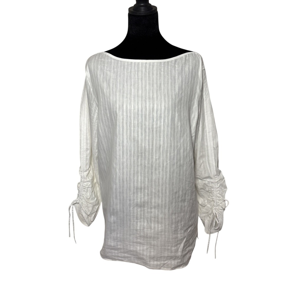 Lafayette 148 New York White Linen Blend Boat Neck 3/4 Sleeve Tunic Top Medium